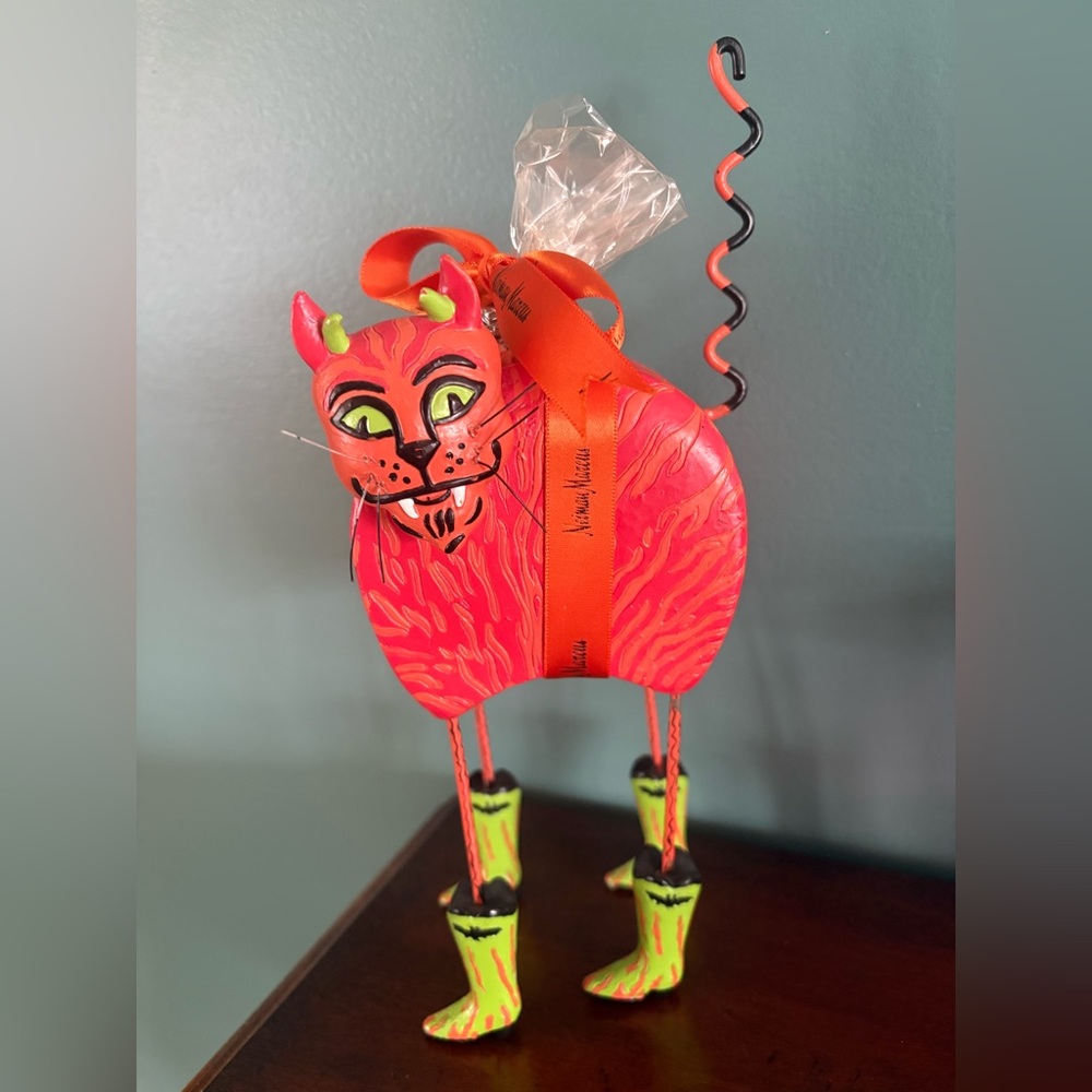 Vintage Nieman Marcus Halloween Cat Long Legs Green Boots Candle Holder Figurine